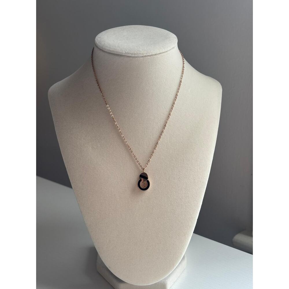 Rose Gold Necklace Round Pendant Minimal Black Detail Stainless Steel - Picture 4 of 9